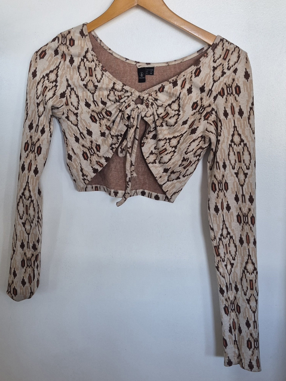 Beige Patterned Tie-Front Crop Top - Women